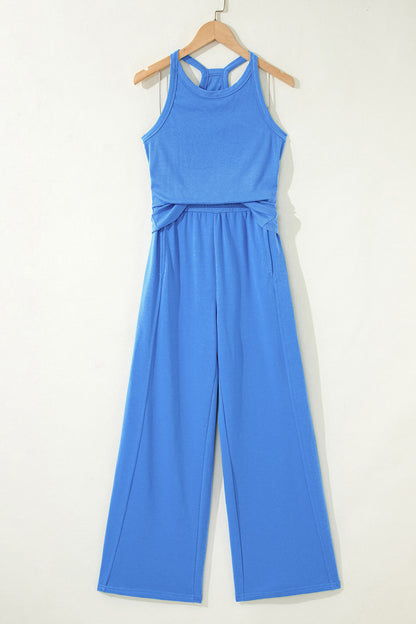 Green Slim Ribbed Tank Top and Sweatpants Set