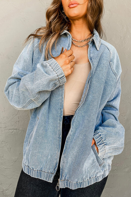 Myosotis Elastic Edge Collared Zip Up Denim Jacket With Pocket