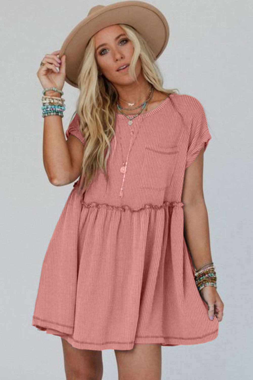 Canton Corded Knit Textured Patched Pocket Frilled Swing Mini Dress with Pockets