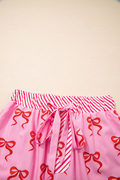 Pink Bow Print Striped Patchwork Elastic Waist Lace Trim Loose Shorts