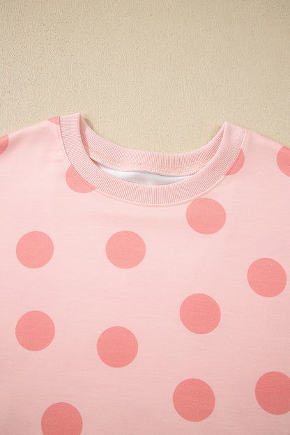 Sky Blue Polka Dot Print Drop Shoulder Pullover Drawstring Shorts Set