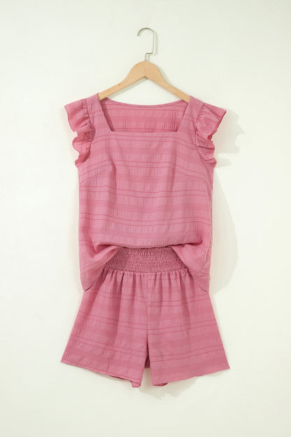 Fiery Red Textured Square Neck Top and Shirred High Waist Shorts Set
