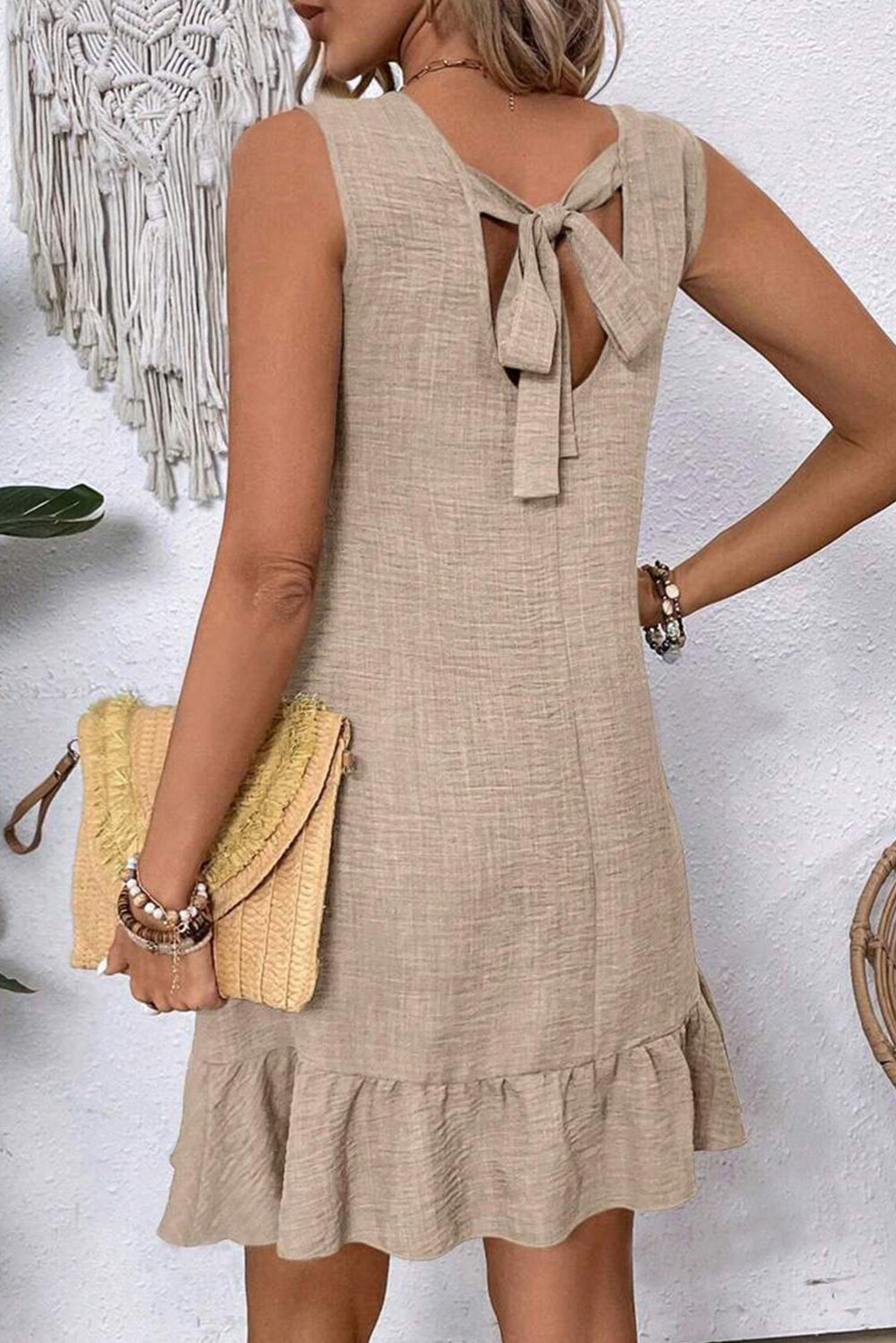 Bright Green Knot Scoop Back Ruffle Hem Sleeveless Mini Dress