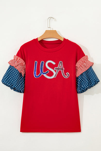 Fiery Red Sequin USA Lettering Patriotic Contrast Splicing Sleeve Top
