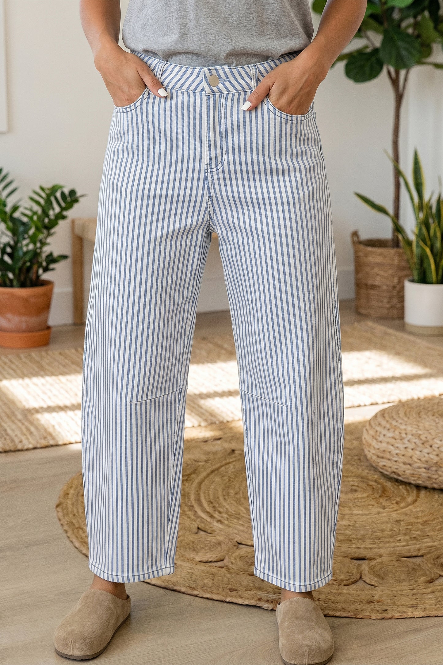 Brown Stripe Casual Barrel Jeans