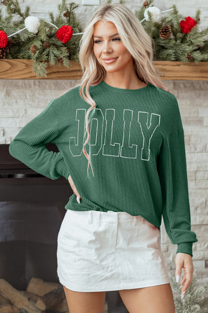 Black Twisted Rib Outlined Merry Letter Graphic Loose Long Sleeve Top