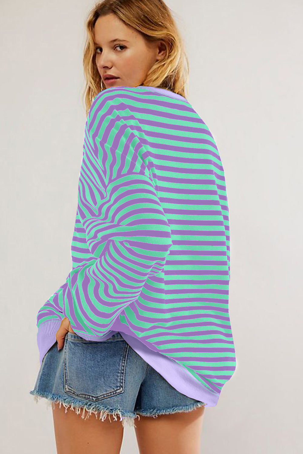 Green Stripe Contrast Ribbed Trim Crossed Stitch Drop Shoulder Sweatshirt
