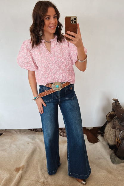 Iceland Blue Floral Textured Jacquard Puff Sleeve Blouse