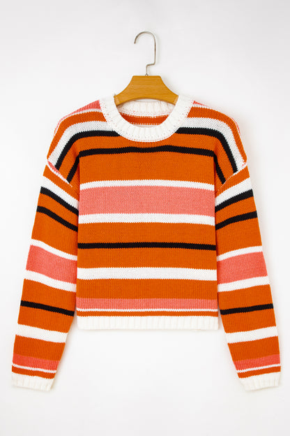 Orange Stripe Drop Shoulder Cropped Pullover Sweater