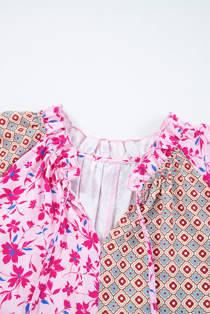Pink Boho Mixed Floral Drop Shoulder Bubble Sleeve Blouse