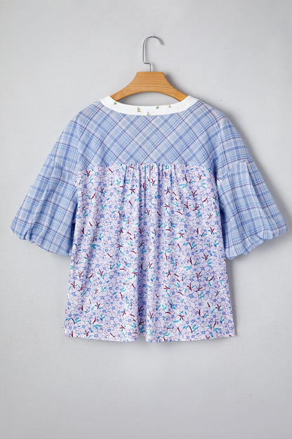 Beau Blue Color Block Plaid Bubble Sleeve Patchwork Blouse