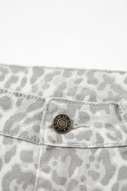 Sky Blue Leopard Frayed Edge Wide Leg High Waist Jeans