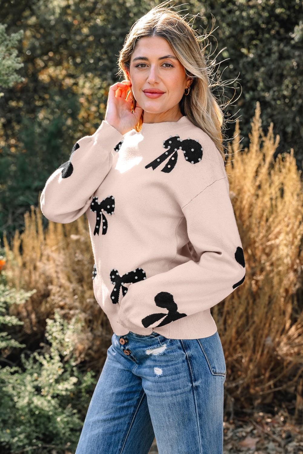 Racing Red Pearl Embellished Bow Pattern Loose Sweater