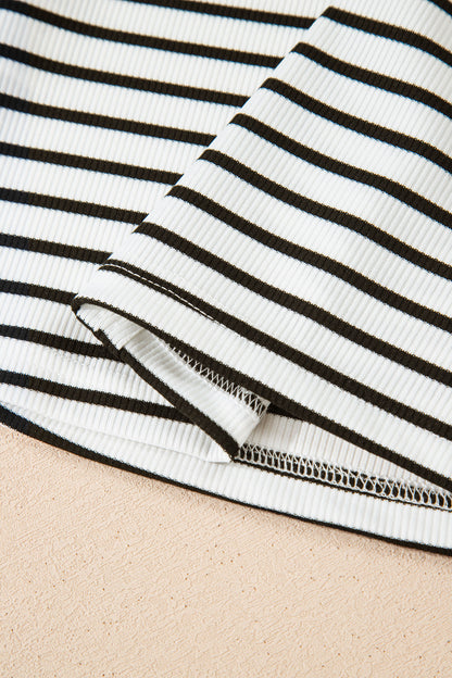 Black Stripe Ribbed Knit Half Button Long Sleeve Slim Top