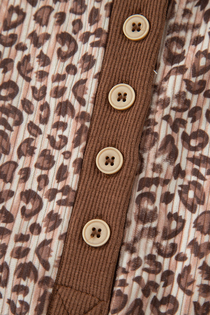 Brown Leopard Print Ribbed Patchwork Half Button Loose Tee Elastic Waist Short 2pcs Set