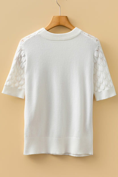 Straw Yellow Fish Scale Textured Knit Ribbed High Neck Short Sleeve Sweater
