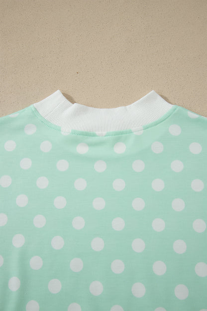 Sky Blue Polka Dot Print Color Block Trim Mock Neck Short Set