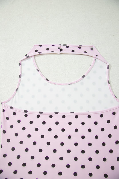 Brown Polka Dot Halter Tank Drawstring Elastic Waist Short Set