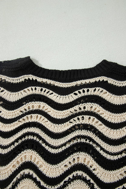 Beige Stripe Wavy Crochet Eyelet Detail Ruffle Half Sleeve Sweater