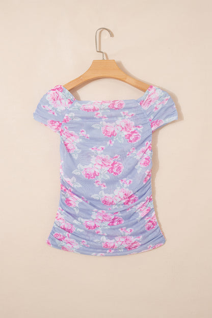 Sky Blue Square Neck Cap Sleeve Ruched Floral Mesh Top