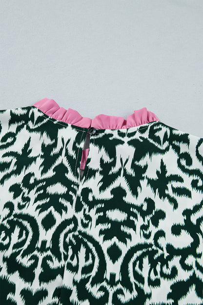 Green Damask Print Ruffled Color Block Detail Half Sleeve Blouse