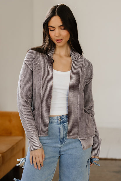 Chestnut Mineral Wash Exposed Seam Patchwork Knit Open Sweater Cardigan