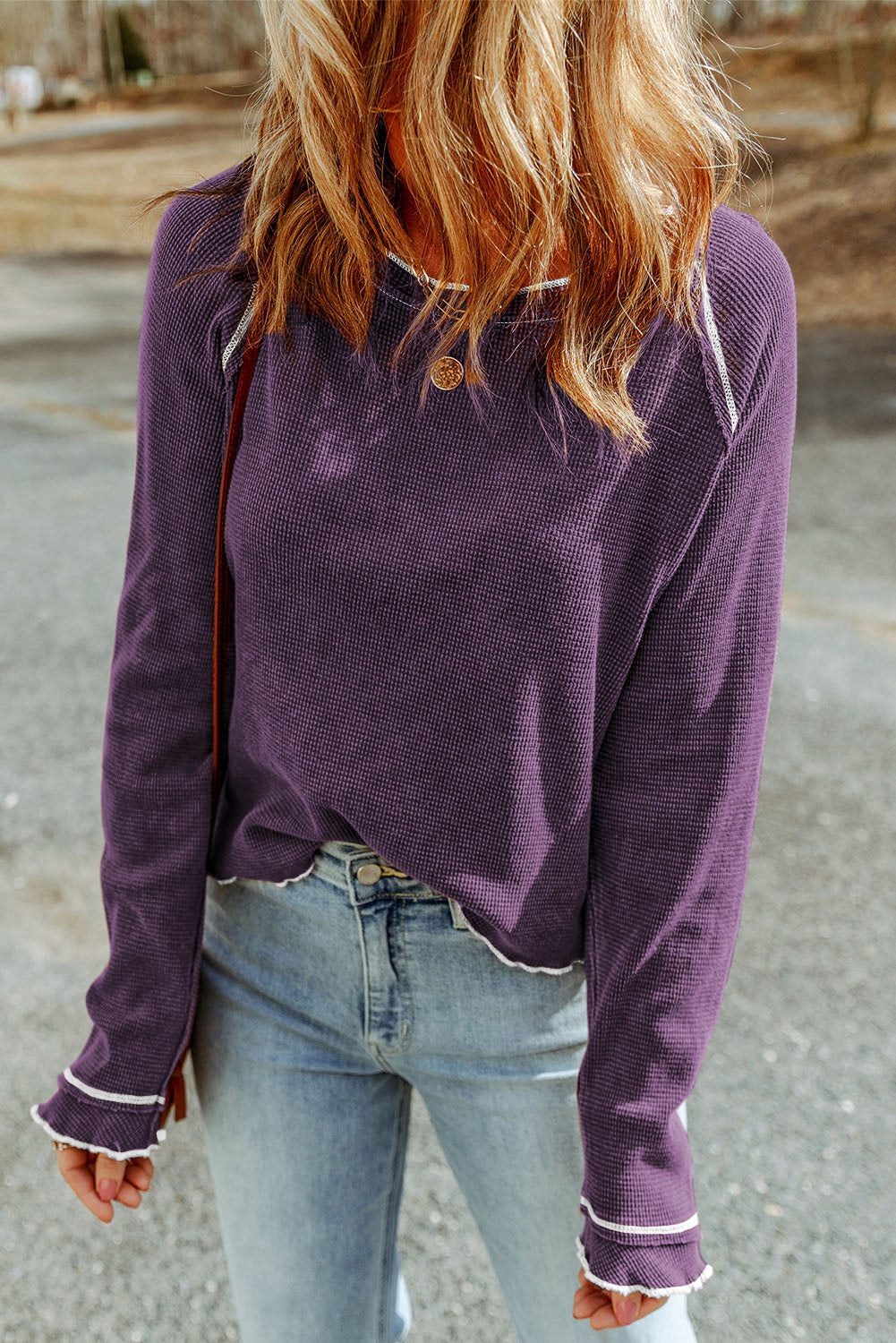 Tillandsia Purple Textured Round Neck Long Sleeve Top