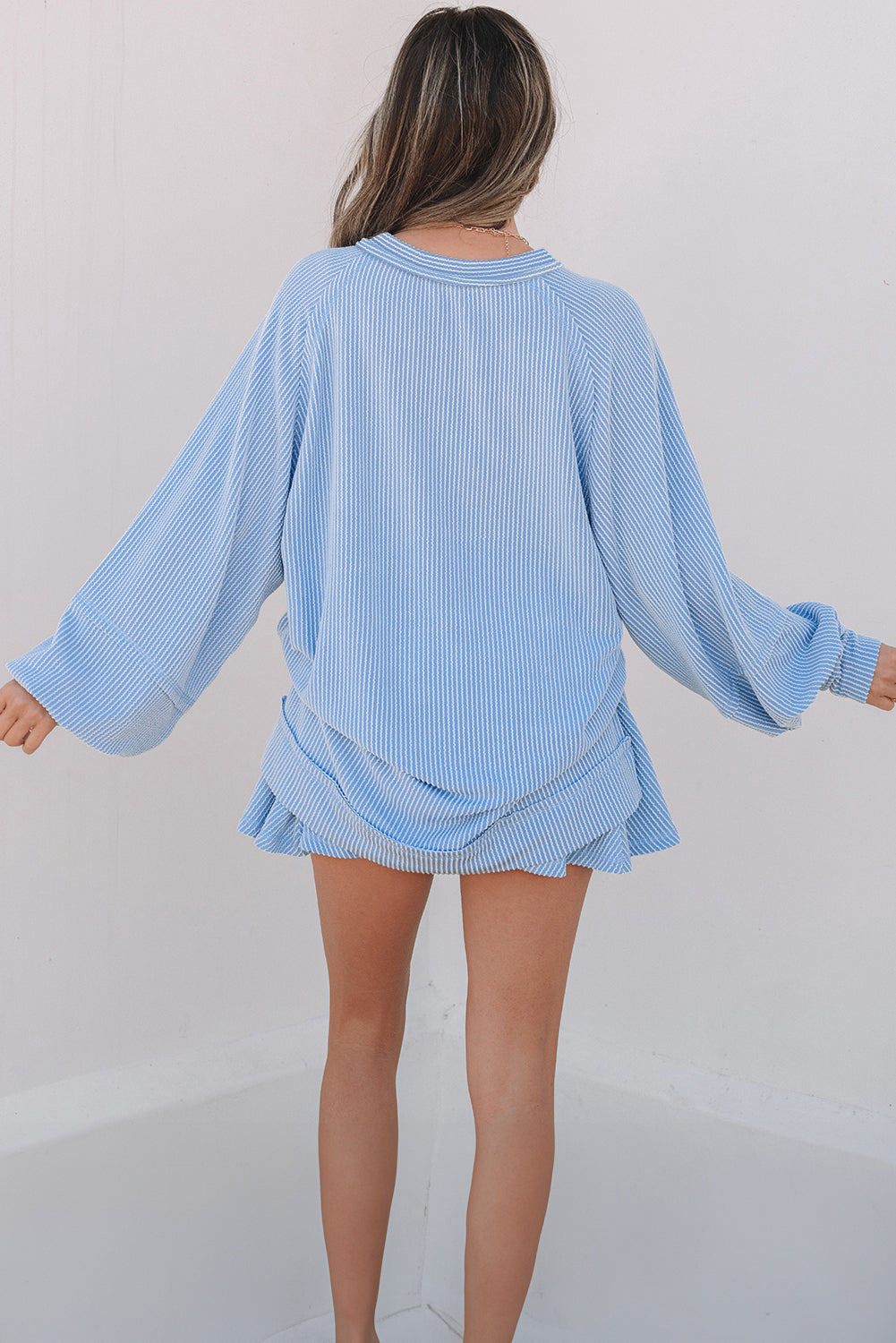 Dark Grey Corded Lantern Sleeve Top High Waist Ruffled Mini Skirt Set