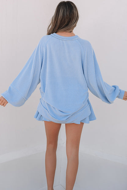 Dark Grey Corded Lantern Sleeve Top High Waist Ruffled Mini Skirt Set