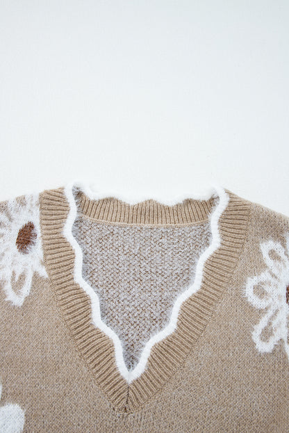 Seagrass Plush Flower Pattern Scalloped Trim V Neck Sweater