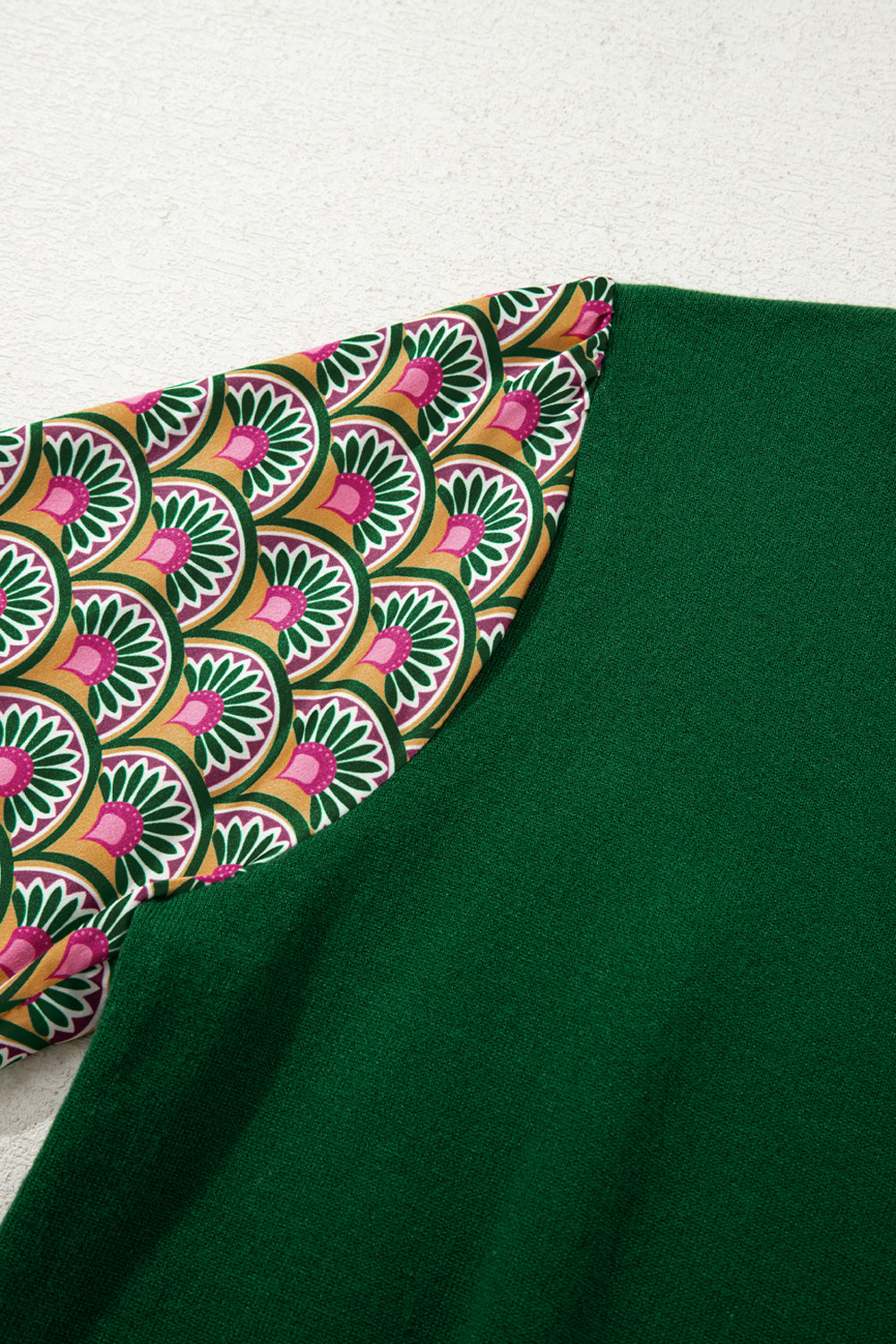 Blackish Green Floral Patchwork Shirred Cuff Puff Sleeve Sweater