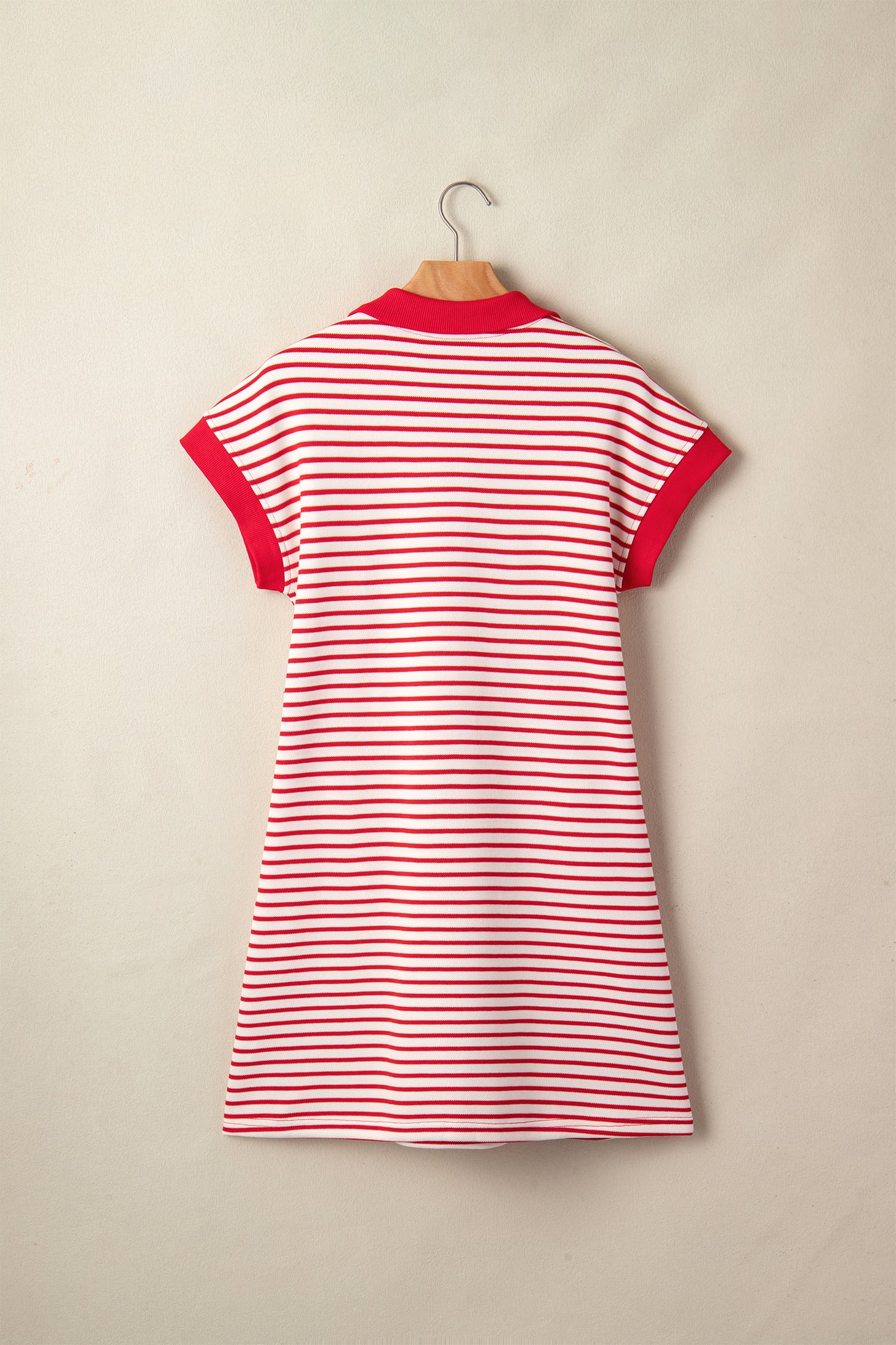 Red Stripe Quarter Zip Polo Collar T Shirt Dress with Pockets