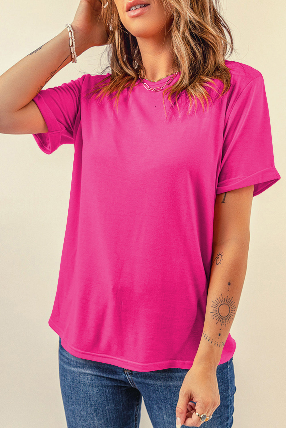 Red Casual Plain Crew Neck Tee