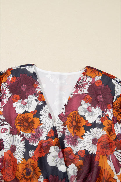Red Floral Print Wrap V Neck Puff Sleeve Flowy Mini Dress