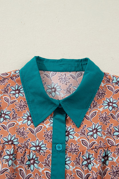 Orange Boho Floral Contrast Collared Shirt Mini Dress