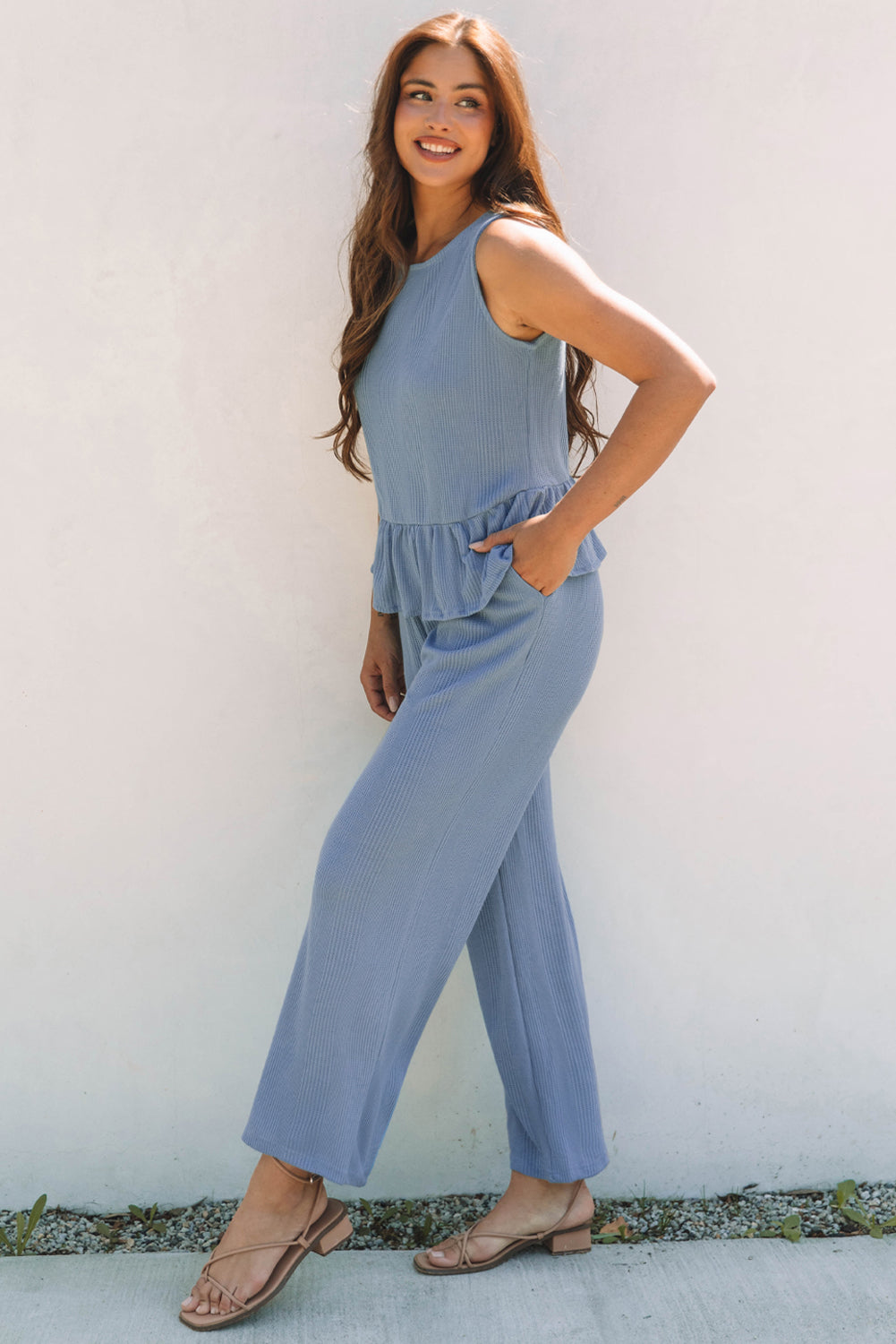 Black Solid Color Ribbed Ruffle Tank Top and Pants Set