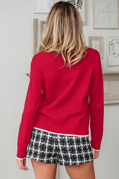 Black Contrast Trim Big Bow Accent Holiday Cropped Sweater