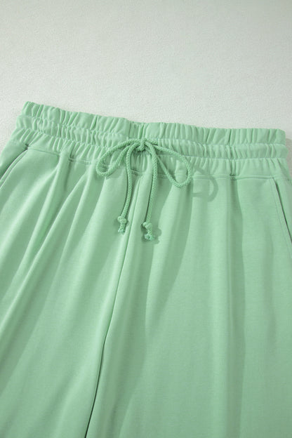 Mist Blue Solid Color Ribbed Trim Short Sleeve Top Drawstring Loose Pants 2pcs Outfit