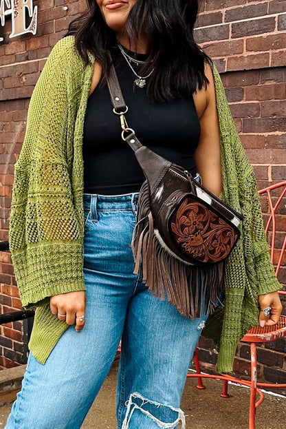 Spinach Green Oversize Crochet Knit Open Cardigan