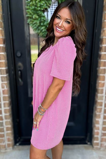 Parchment Corded Knit Crew Neck Puff Sleeve Shift Mini Dress