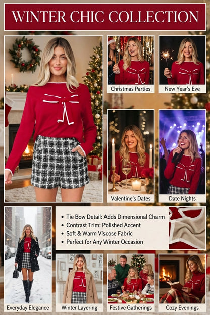Black Contrast Trim Big Bow Accent Holiday Cropped Sweater
