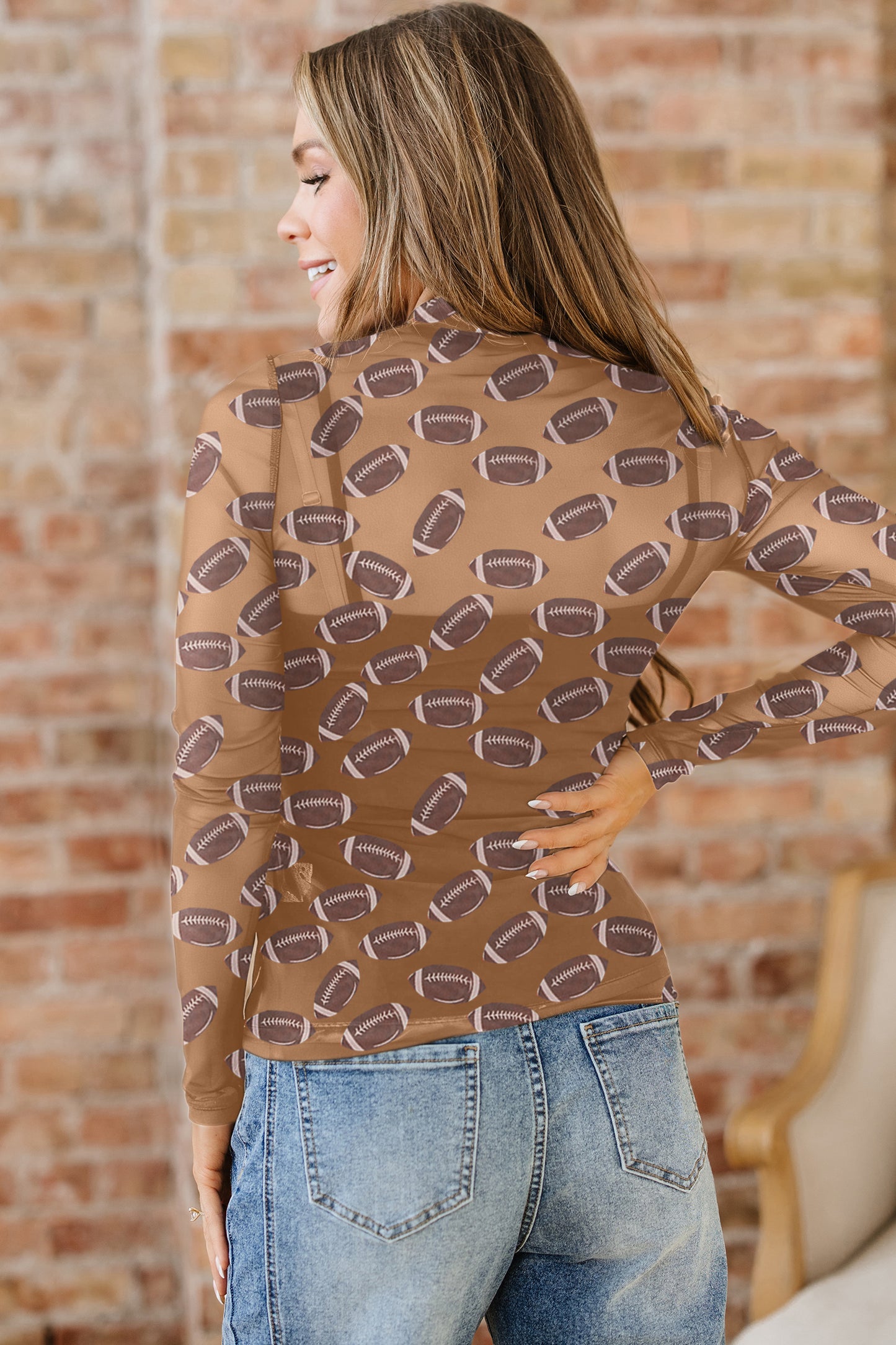 Red Game Day Rugby Mesh Sheer Long Sleeve Top
