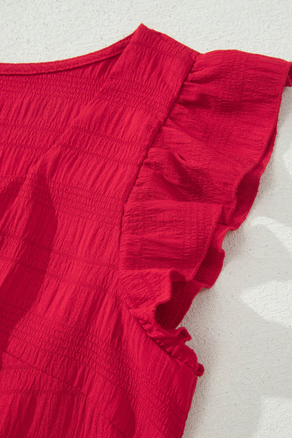 Fiery Red Textured Square Neck Top and Shirred High Waist Shorts Set