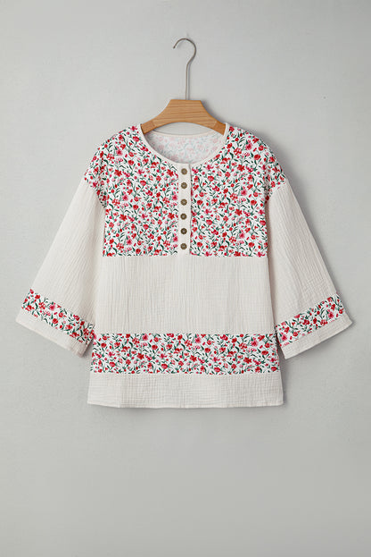 Sky Blue Floral Print Gauze Patchwork Henley Button 3/4 Sleeve Blouse
