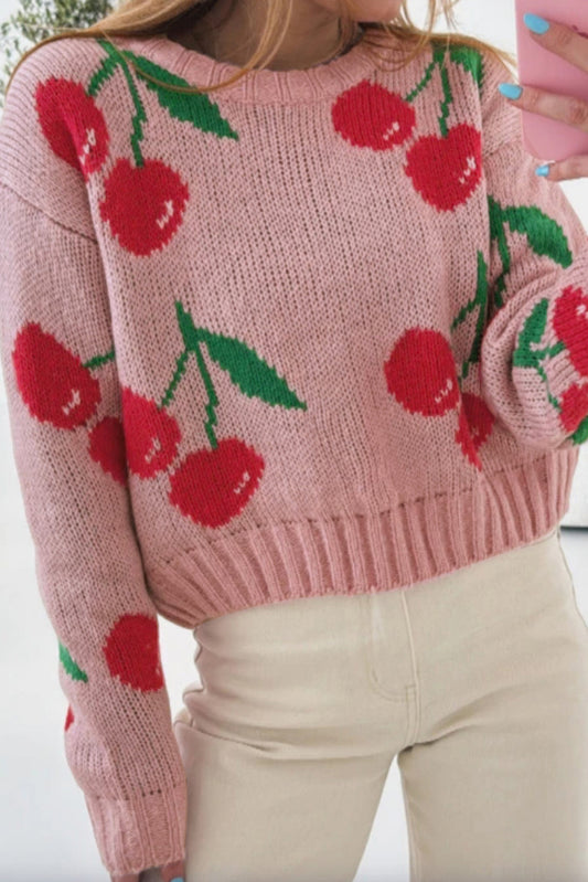 Pink Dainty Cherry Print Loose Cropped Sweater