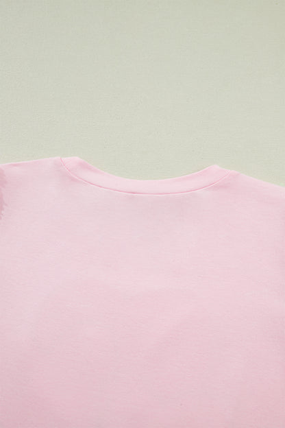 Light Pink Three Sweet Hearts Printed Sequin Trim Contrast Sleeve Patchwork Tee