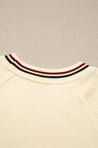 Beige Contrast Varsity Striped Neckline Cuffed Short Sleeve Loose Tunic Top