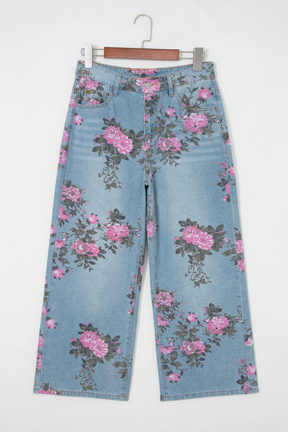 Sky Blue Garden Floral Print Bootcut Jeans
