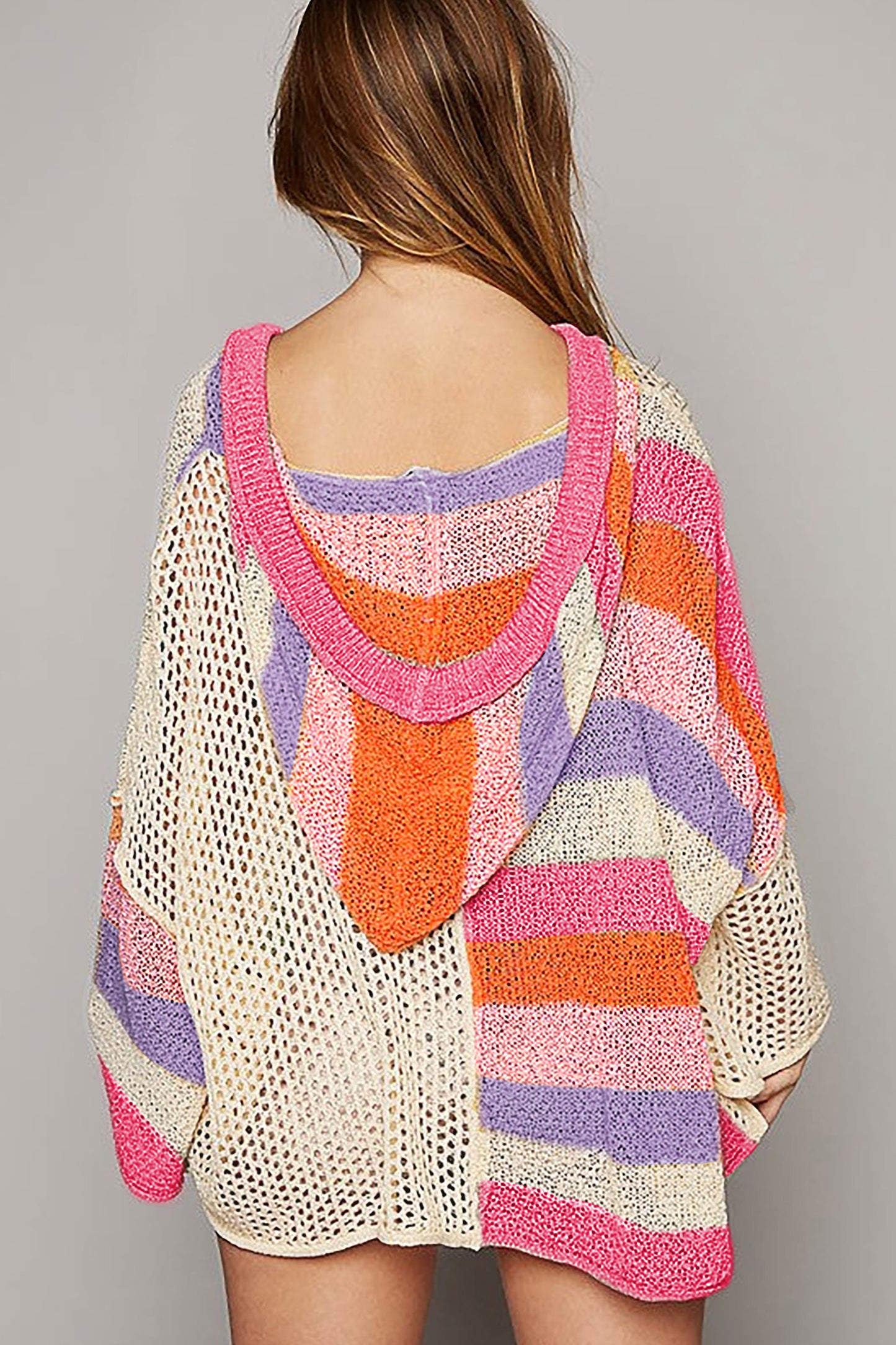 DEAR-LOVER Beige Oversized Colorblock V Neck Hooded Sweater