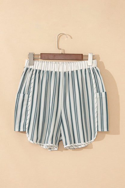 Gray Stripe Elastic Waist Cargo Pocket Casual Shorts